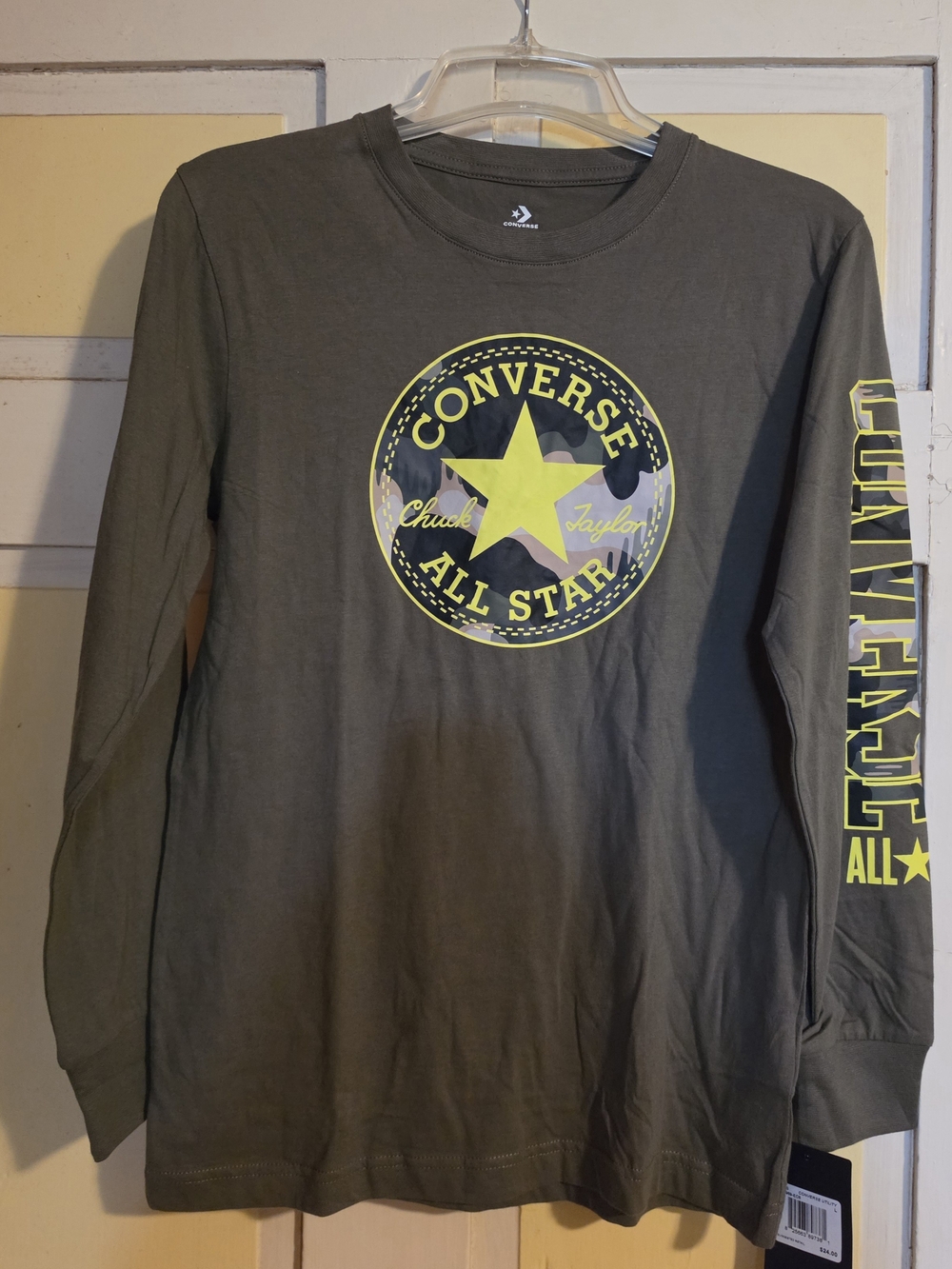 Converse Boys Cotton T-shirt Long Sleeve Army Green Size Large 12-13 NWT